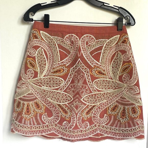 Anthropologie Boho Beaded Mini Skirt 4 Pink Cotton Embroidered Scallop Hem - Picture 2 of 11